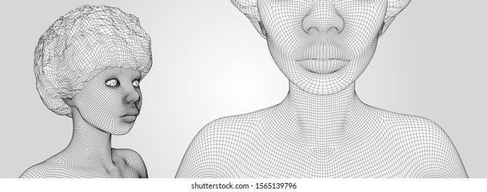 3d vector portrait of a beautiful young girl with hairstyle, set of angles on a white background