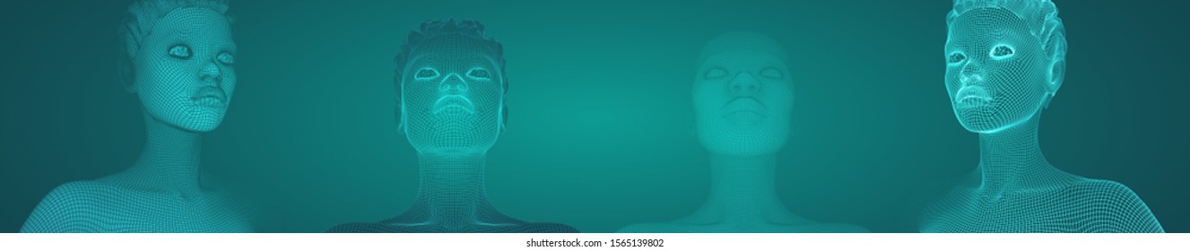 3d vector portrait of a beautiful young girl with hairstyle, set of angles on a green background