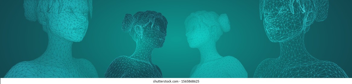 3d vector portrait of a beautiful young girl with hairstyle, set of angles on a green background