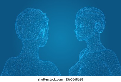 3d vector portrait of a beautiful young girl with hairstyle, set of angles on a blue background