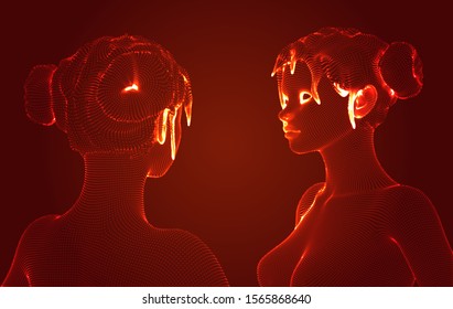 3d vector portrait of a beautiful young girl with hairstyle, set of angles on a red background