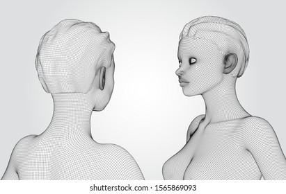 3d vector portrait of a beautiful young girl with hairstyle, set of angles on a white background