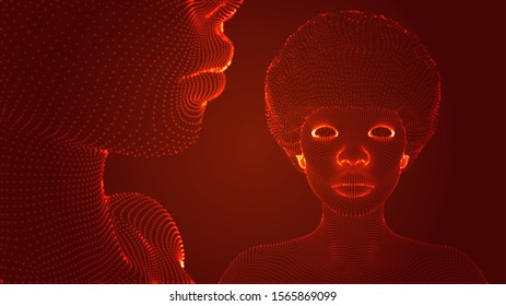 3d vector portrait of a beautiful young girl with a haircut, set of angles on a red background