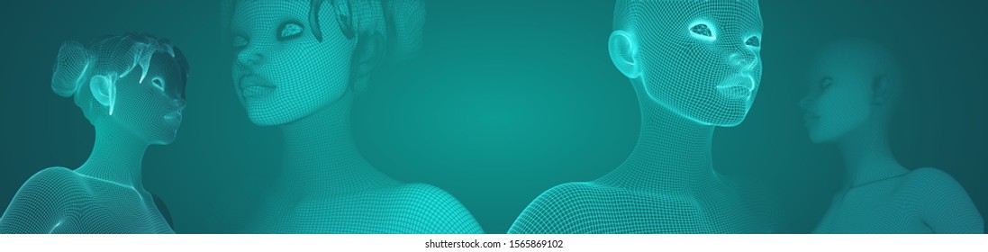 3d vector portrait of a beautiful young girl with hairstyle, set of angles on a green background