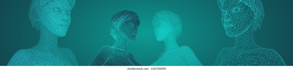 3d vector portrait of a beautiful young girl with hairstyle, set of angles on a green background