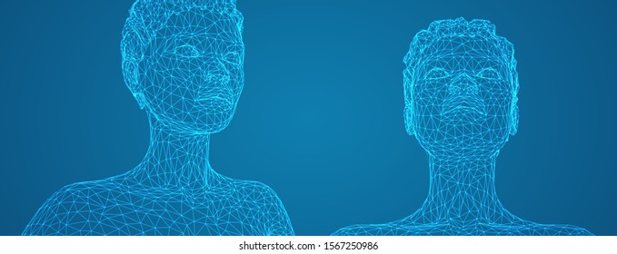 3d vector portrait of a beautiful young girl with hairstyle, set of angles on a blue background