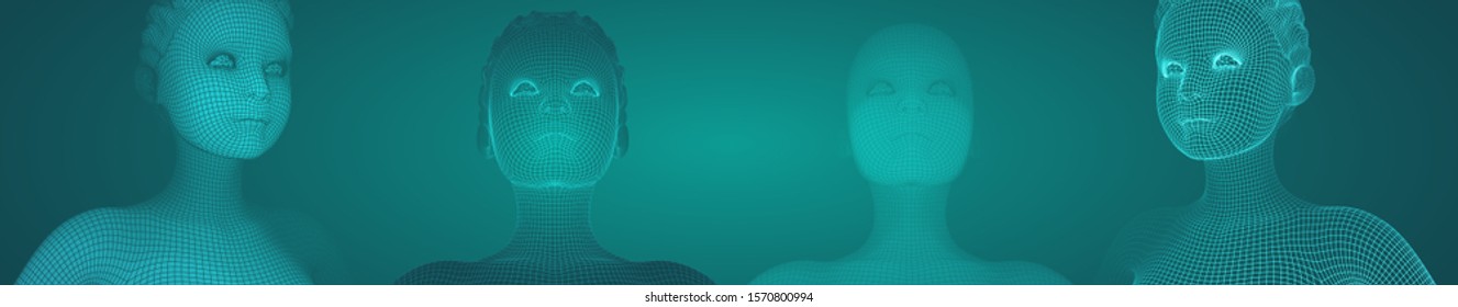 3d vector portrait of a beautiful young girl with hairstyle, set of angles on a green background