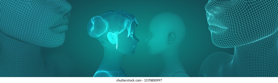 3d vector portrait of a beautiful young girl with hairstyle, set of angles on a green background