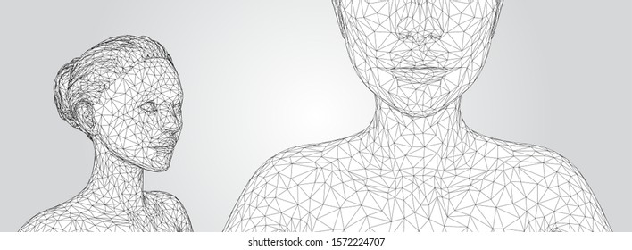 3d vector portrait of a beautiful young girl with hairstyle, set of angles on a white background