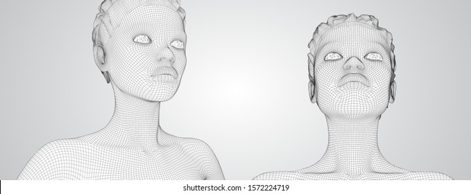 3d vector portrait of a beautiful young girl with hairstyle, set of angles on a white background