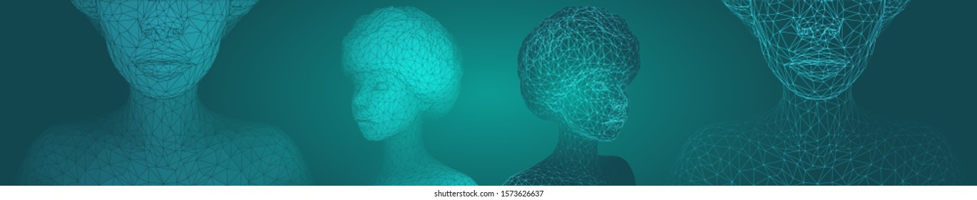 3d vector portrait of a beautiful young girl with hairstyle, set of angles on a green background