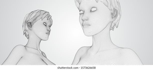 3d vector portrait of a beautiful young girl with hairstyle, set of angles on a white background