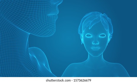 3d vector portrait of a beautiful young girl with hairstyle, set of angles on a blue background