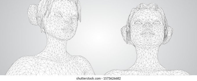 3d vector portrait of a beautiful young girl with hairstyle, set of angles on a white background