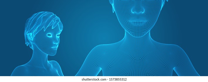 3d vector portrait of a beautiful young girl with hairstyle, set of angles on a blue background