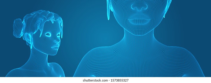 3d vector portrait of a beautiful young girl with hairstyle, set of angles on a blue background