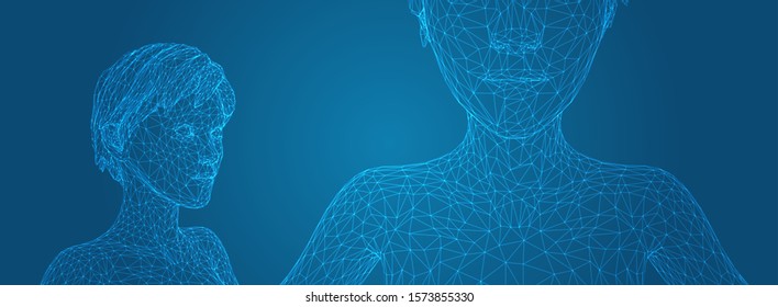 3d vector portrait of a beautiful young girl with hairstyle, set of angles on a blue background