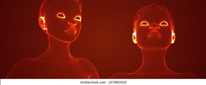 3d vector portrait of a beautiful young girl with hairstyle, set of angles on a red background