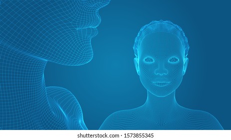 3d vector portrait of a beautiful young girl with hairstyle, set of angles on a blue background