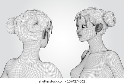 3d vector portrait of a beautiful young girl with hairstyle, set of angles on a white background