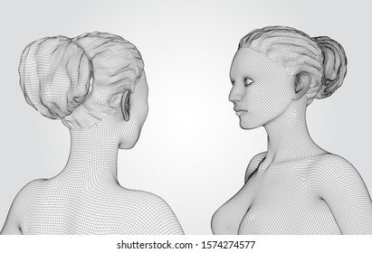 3d vector portrait of a beautiful young girl with hairstyle, set of angles on a white background