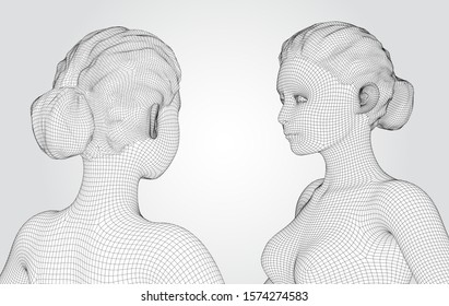 3d vector portrait of a beautiful young girl with hairstyle, set of angles on a white background
