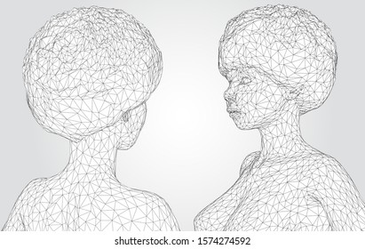 3d vector portrait of a beautiful young girl with hairstyle, set of angles on a white background