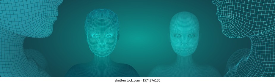 3d vector portrait of a beautiful young girl with hairstyle, set of angles on a green background