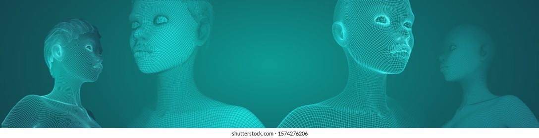 3d vector portrait of a beautiful young girl with hairstyle, set of angles on a green background