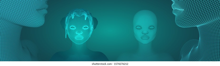 3d vector portrait of a beautiful young girl with hairstyle, set of angles on a green background