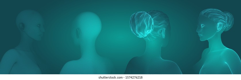 3d vector portrait of a beautiful young girl with hairstyle, set of angles on a green background