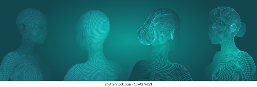3d vector portrait of a beautiful young girl with hairstyle, set of angles on a green background
