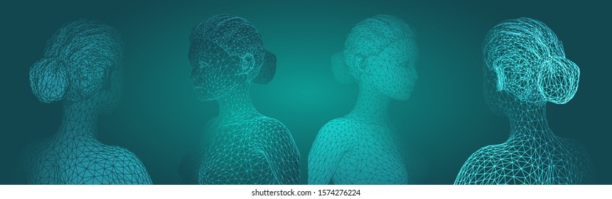 3d vector portrait of a beautiful young girl with hairstyle, set of angles on a green background