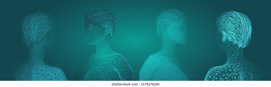 3d vector portrait of a beautiful young girl with hairstyle, set of angles on a green background