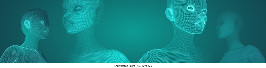 3d vector portrait of a beautiful young girl with hairstyle, set of angles on a green background