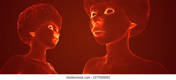 3d vector portrait of a beautiful young girl with hairstyle, set of angles on a red background