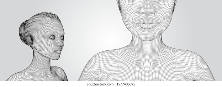 3d vector portrait of a beautiful young girl with hairstyle, set of angles on a white background