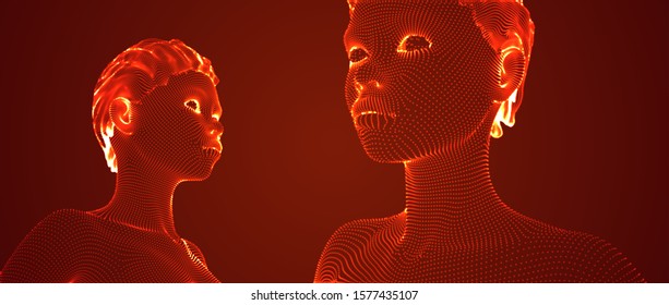 3d vector portrait of a beautiful young girl with hairstyle, set of angles on a red background