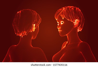 3d vector portrait of a beautiful young girl with hairstyle, set of angles on a red background