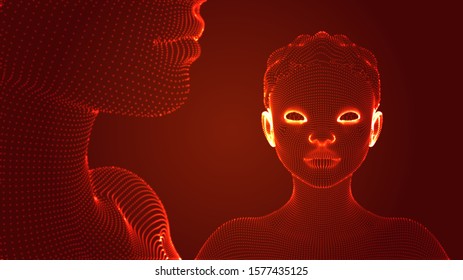 3d vector portrait of a beautiful young girl with a haircut, set of angles on a red background