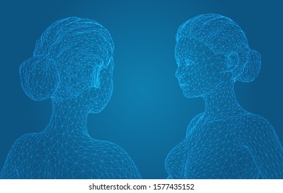 3d vector portrait of a beautiful young girl with hairstyle, set of angles on a blue background