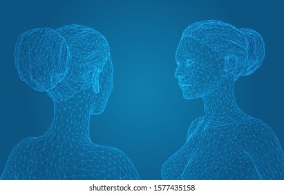 3d vector portrait of a beautiful young girl with hairstyle, set of angles on a blue background