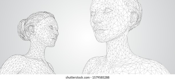 3d vector portrait of a beautiful young girl with hairstyle, set of angles on a white background