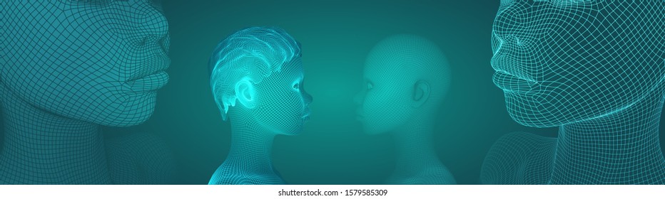 3d vector portrait of a beautiful young girl with hairstyle, set of angles on a green background