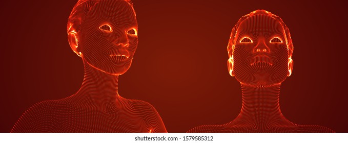 3d vector portrait of a beautiful young girl with hairstyle, set of angles on a red background