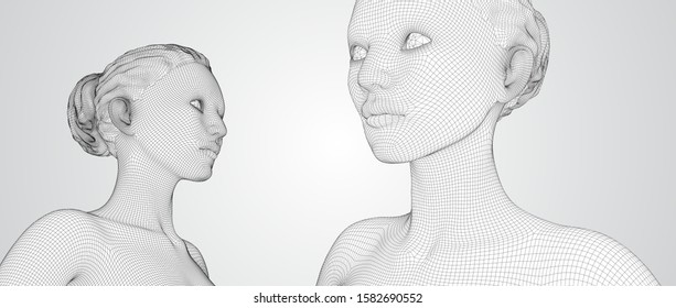 3d vector portrait of a beautiful young girl with hairstyle, set of angles on a white background