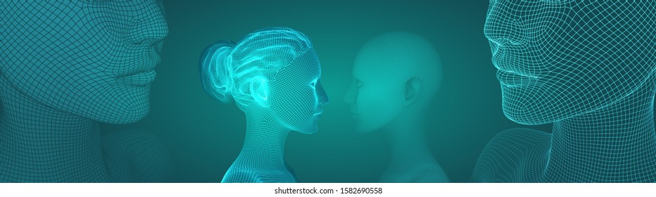 3d vector portrait of a beautiful young girl with hairstyle, set of angles on a green background