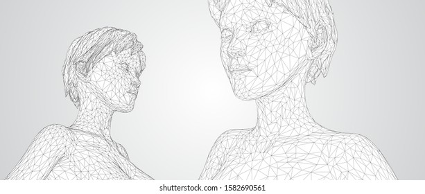 3d vector portrait of a beautiful young girl with hairstyle, set of angles on a white background