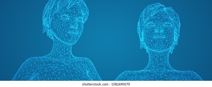 3d vector portrait of a beautiful young girl with hairstyle, set of angles on a blue background