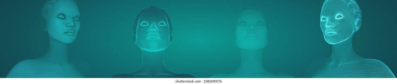 3d vector portrait of a beautiful young girl with hairstyle, set of angles on a green background